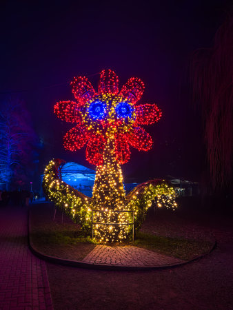 Mainau, Germany - December 27, 2023: A Christmas garden is a Christmas event with beautiful light creations and illuminations on the island of Mainau on Lake Constanceのeditorial素材