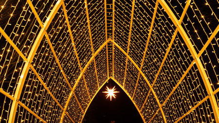 Mainau, Germany - December 27, 2023: A Christmas garden is a Christmas event with beautiful light creations and illuminations on the island of Mainau on Lake Constanceのeditorial素材