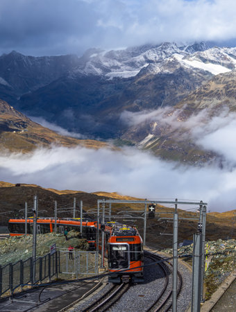 Gornergrat, Switzerland - September 23, 2023: The train comes along the cog railway to the...