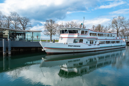 Bregenz, Austria - March 15, 2024: Tourist ship Stadt Bregenz - The town of Bregenz - sailing on Lake Constance, anchored in the home port of Bregenzのeditorial素材