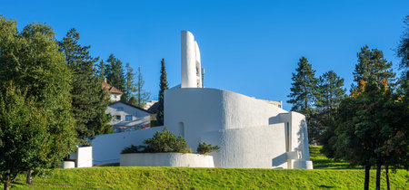 La Chaux-de-Fonds, Switzerland - September 19, 2025: Protestant Temple Saint-Jean in La Chaux-de-Fonds, architect Andre Gaillard. Spiral shape, expressive, plastic architectural style.のeditorial素材