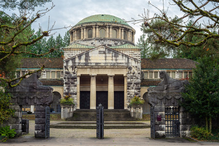 Zurich, Switzerland - November 1, 2025: Historic Old crematorium at Sihlfeld cemetery in Zurich,...