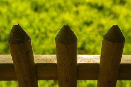 Close-up of a wooden picket fence with blurred green grass background.