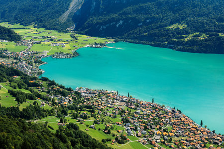 Aerial view of Brienz, a charming village located in the Bernese Oberland region of Switzerland, situated on the picturesque shores of Lake Brienzの写真素材