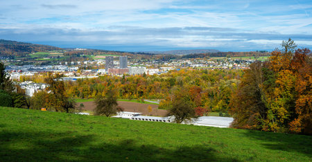 Scenic view of a town Regensdorf surrounded by autumn trees and rolling hills.