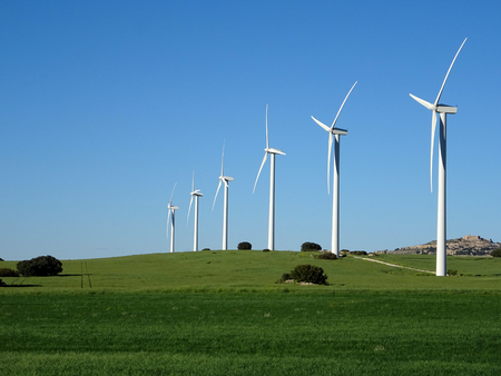 field of windmills in a natural environment on a sunny dayの写真素材