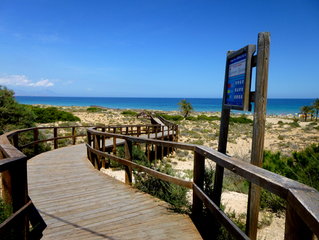 Wooden walkways leading directly to a beautiful beach of fine sandの写真素材