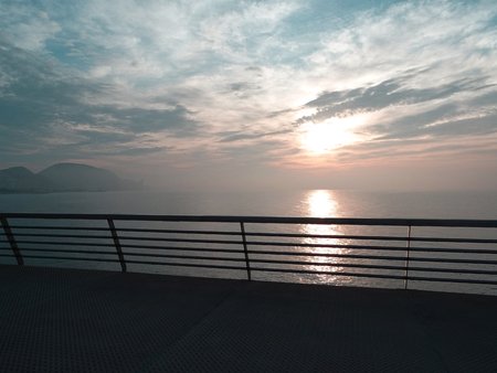 ocean view at sunrise from a terraceの写真素材