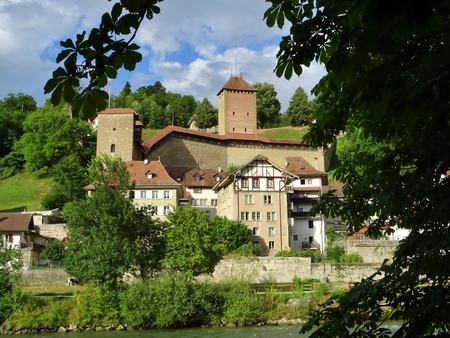 View of medieval construction in the lower town of Fribourg. Towers of the Bern Gate. swiss tourismのeditorial素材