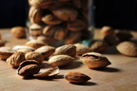 Almond with shell close-up. Natural almonds from organic nuts.の写真素材