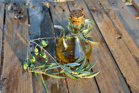 close-up of an oil jug with slice of bread and olive oil tree branch. Background of a field of olive trees before harvest. Cultivation of organic olives.の写真素材