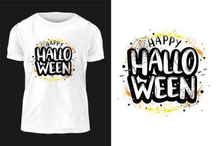 Happy Halloween. Hand drawn lettering on black and white t-shirt mockup.のイラスト素材