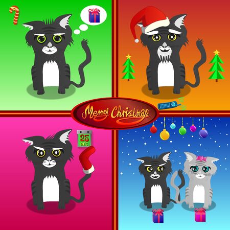 Four illustration of a cartoon cats and lettering Merry Christmas - the cat thinks about the gift, Santa cat, the cat is waiting for Christmas, the cat celebrates Christmas with a catのイラスト素材