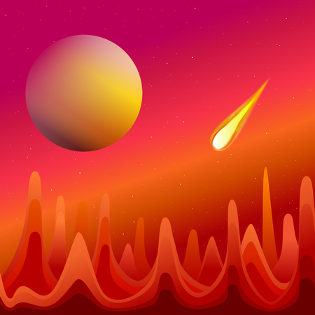 Illustration of a flying meteor against a red sky and the planet. View from another planetのイラスト素材