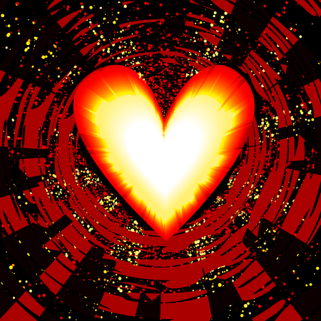 Burning, red heart and coming from him the flickering yellow-white lights, red rays light and black circlesのイラスト素材