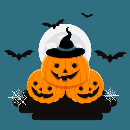 Vector Illustration, Halloween three cute pumpkins in front of a full moonのイラスト素材