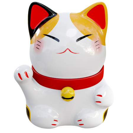 3d render illustration, White Maneki Neko raised right paw front view on white background with clipping pathの写真素材