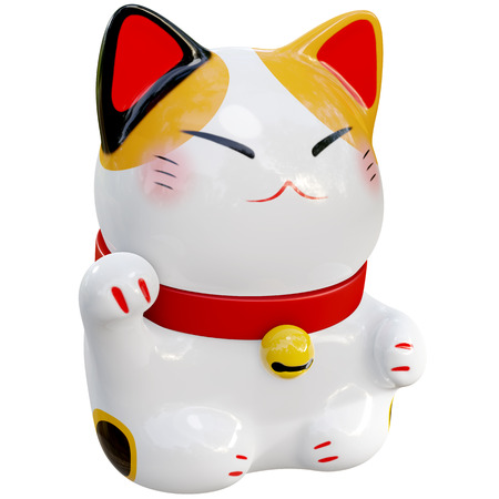 3d render illustration, White Maneki Neko raised right paw left angle on white background with clipping pathの写真素材