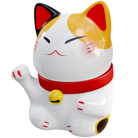 3d render illustration, White Maneki Neko raised right paw right angle on white background with clipping pathの写真素材
