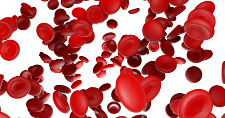 Red blood cells flow bottom lighting on white blackground 3d render isolate with clipping pathの写真素材
