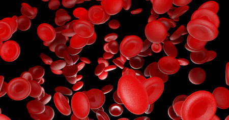 Red blood cells flow bottom lighting on black blackground 3d render with clipping pathの写真素材