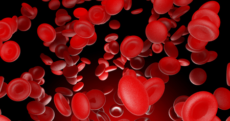 Red blood cells flow bottom red lighting on black blackground 3d render with clipping pathの写真素材