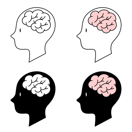 Vector Illustration, Human head brain symbol 4 icons on white background, Line icons and silhouette iconsのイラスト素材