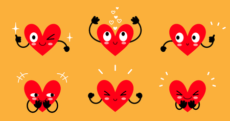 Vector Illustration,Set cute cartoon happy strong hearts on yellow backgroundのイラスト素材