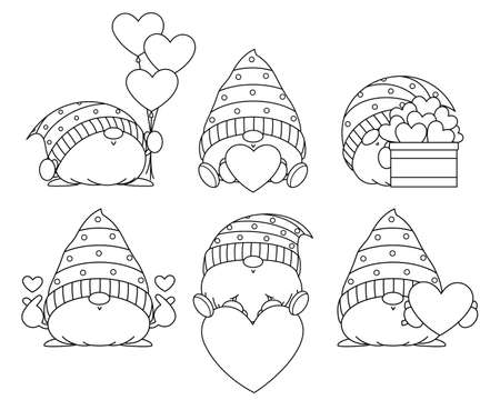 Vector Illustration, Outline Valentine Cute Gnome with a heart on white backgroundのイラスト素材