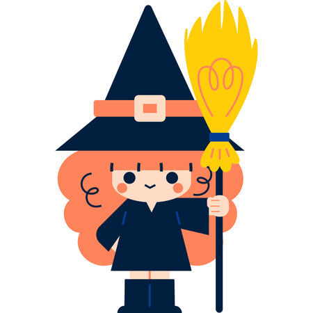 Vector illustration in 5 flat colors style. A cute cartoon witch is ready for Halloween. She wears a black dress and a pointy hat. She holds a broomstick in her hand. The witch smiles.のイラスト素材