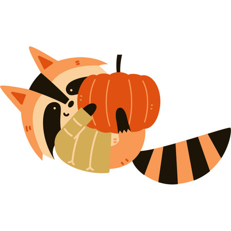 Vector illustration in flat colors style. A raccoon in autumn with a pumpkinのイラスト素材