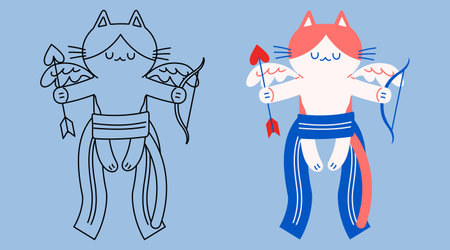 Flat vector and outline illustration of a Cupid cat closing its eyes, flying, holding a bow and an arrowのイラスト素材