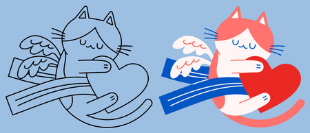 Flat vector and outline illustration of a Cupid cat closing its eyes, hugging a heart sidewaysのイラスト素材