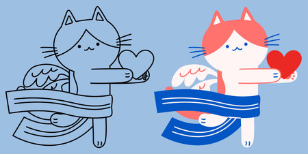 Flat vector and outline illustration of a Cupid cat standing on one leg, offering a heartのイラスト素材