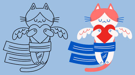 Flat vector and outline illustration of a Cupid cat closing its eyes, hugging a heartのイラスト素材