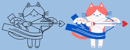 Flat vector and outline illustration of a Cupid cat standing and drawing the bow_v2のイラスト素材
