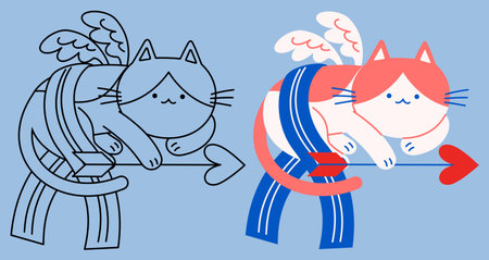 Flat vector and outline illustration of a Cupid cat crouching and holding an arrowのイラスト素材