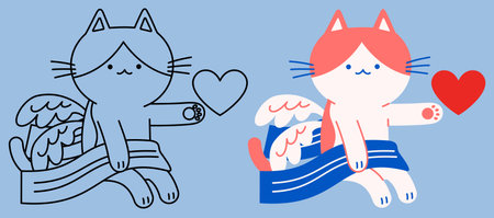 Flat vector and outline illustration of a Cupid cat sitting with one arm raised and a heart floatingのイラスト素材