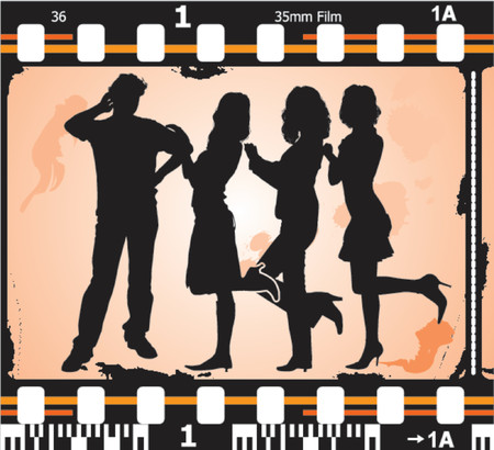 Vector silhouettes man and women on photographic film, illustrationのイラスト素材