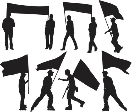 Vector silhouettes man and women with flag and transparency, illustrationのイラスト素材