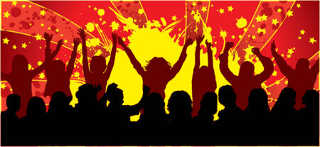 Vector silhouettes dancing man and women on abstract background, illustrationのイラスト素材