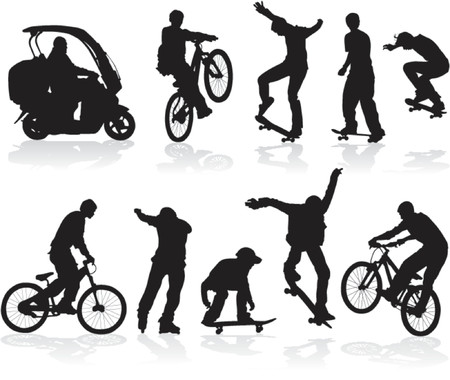 Vector silhouettes man on roller, bicycle, scooter, skateboard.のイラスト素材
