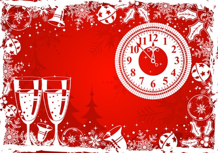 Christmas grunge frame with snowflake, mistletoe, bell, clock, element for design, vector illustrationのイラスト素材