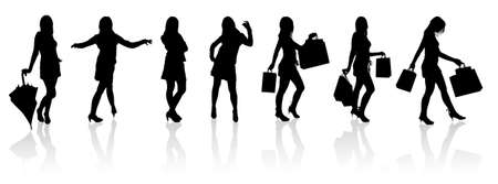 Set vector silhouettes girls with bag, illustrationのイラスト素材