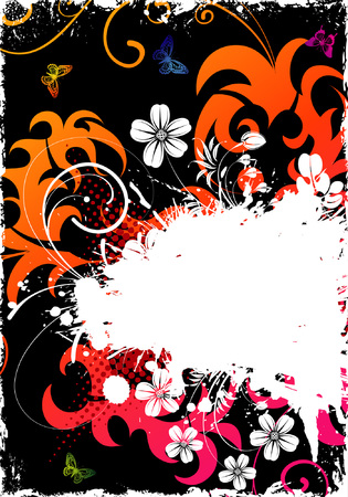 Grunge Flower Frame with Butterflies for design, vector illustrationのイラスト素材