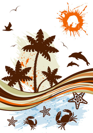 Grunge summer background with palm tree, dolphin, starfish, crab, wave patternのイラスト素材