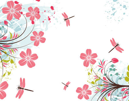 Grunge paint flower background with dragonfly, element for designのイラスト素材