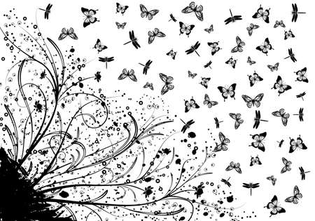 Grunge floral background with plenty of butterfly and dragonfly, element for designのイラスト素材