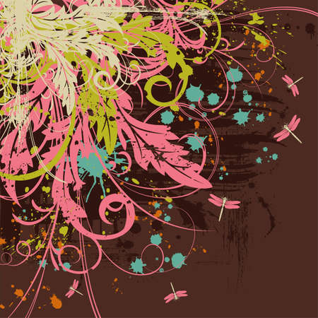 Grunge floral background with dragonfly, element for design, illustrationのイラスト素材