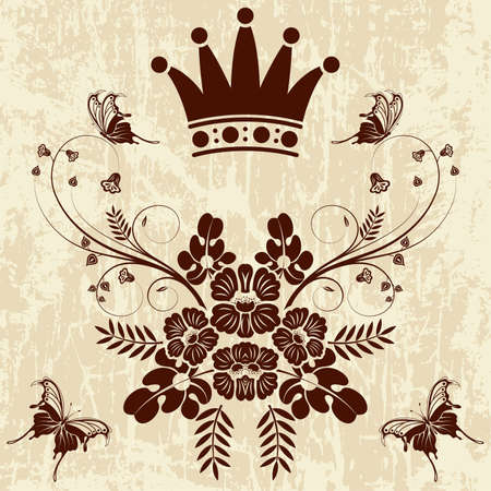 Grunge Floral frame with Crown, illustrationのイラスト素材